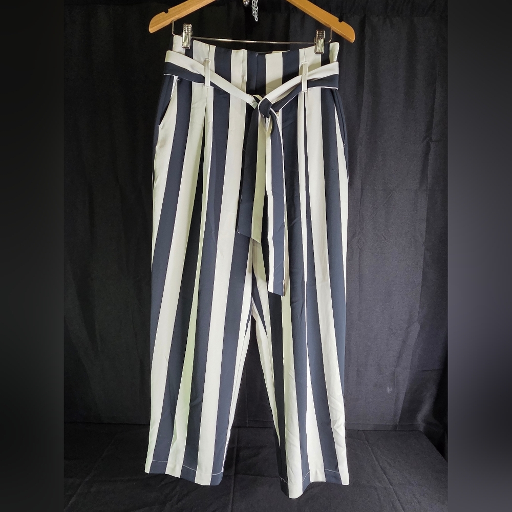 H&M Navy & White Striped Wide Leg High Waisted Pants 10